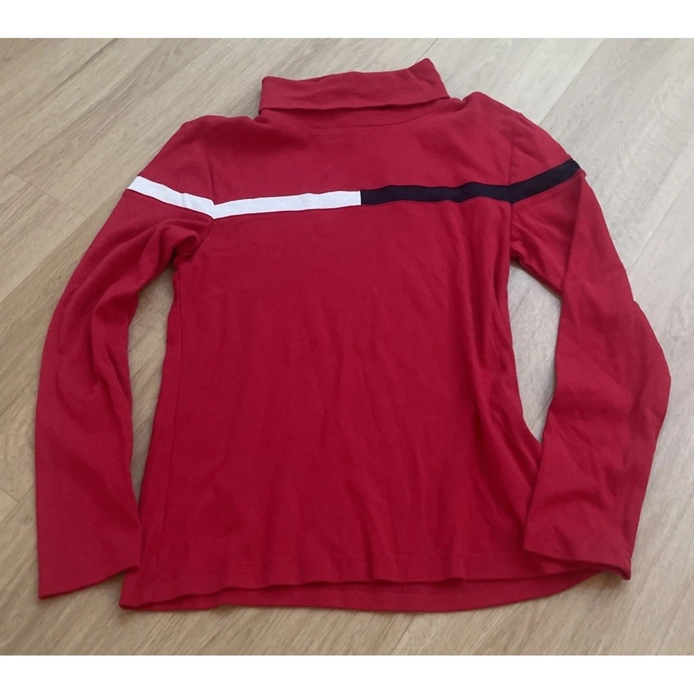Tommy Hilfiger Women's Turtleneck Top Red Long Sleeve Logo Stripe Size M